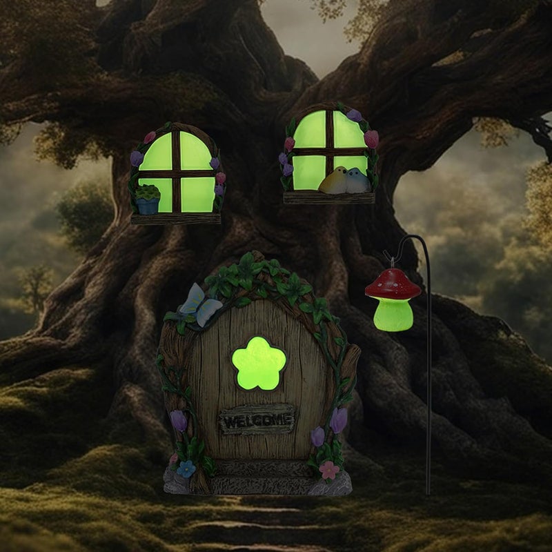 IMOFEE Fairy Door and Windows Garden Kit Accessories Outdoor, Glow in Dark Gnome House for Tree, Lawn Yard Art Sculpture, Miniature Garden Decor (Butterfly) - Image 4